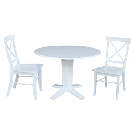 International Concepts 42 in. Solid Wood Dual Drop Leaf Dining Table with 2 Chairs in White K08-42DPT-23B-C613-2